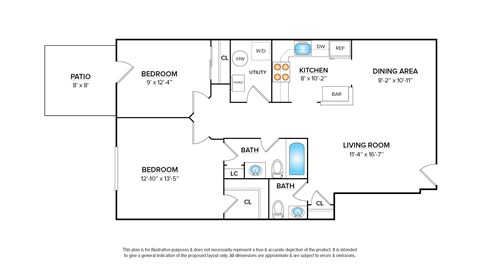 Floor plan for 2 beds, 1.5 baths, 1008 sqft